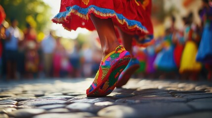 Colorful shoes showcase the energy of a Chilean folk dance in a lively festive crowd