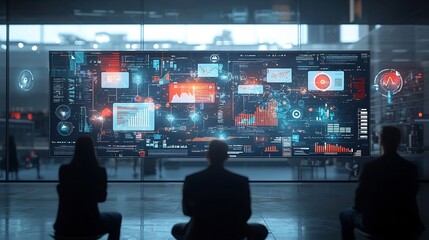 Silhouetted figures intently observing a complex digital business network with floating data visualizations in a minimalist futuristic setting  Conceptual representing technology connectivity