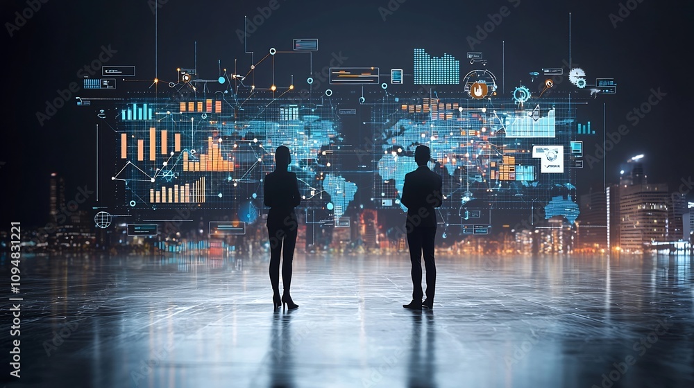 Leinwandbilder Silhouetted figures standing in front of a global data network with 3D floating data graphs and interconnected business intelligence and analytics tools showcasing the power of information technology