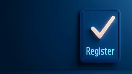Register verification. A modern, illuminated button with the word "Register" and a checkmark, symbolizing confirmation or completion of a registration process.