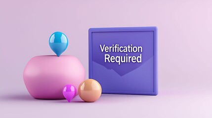 Register verification. A colorful illustration featuring a "Verification Required" message, complemented by decorative shapes and pastel colors on a soft purple background.