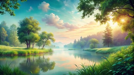 Obraz premium Aesthetic Visuals: A Serene Landscape with Soft Pastel Colors and Gentle Textures, Perfect for Relaxation and Inspiration, Featuring an Enchanting Atmosphere and Harmonious Elements