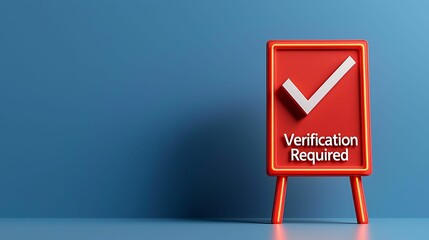 Register verification. A red sign displaying "Verification Required" with a checkmark on a blue background, indicating a necessity for authentication or approval.