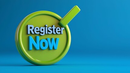 Register verification. A bright green button with "Register Now" in bold letters, set against a blue background, encourages immediate action.