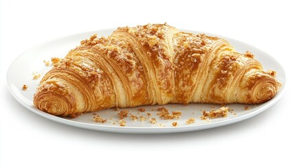 A freshly baked croissant with a golden, flaky crust, placed elegantly on a white plate, with crumbs scattered artistically around for a touch of charm.