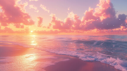 Fototapeta premium Pink Sky, Serene Seascape: A breathtaking view of a serene beach at sunset, where the sky is ablaze with hues of pink and orange. The gentle waves lap at the shore.