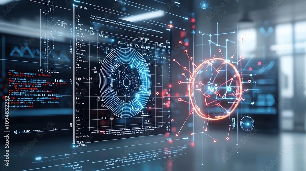Fototapete stunning abstract visualization of a plasma energy field featuring floating physics equations swirli