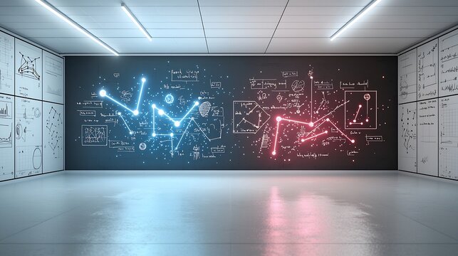 Mesmerizing plasma energy field with floating physics equations molecules and neon sparks in a captivating blend of blue and pink red tones creating a dynamic futuristic