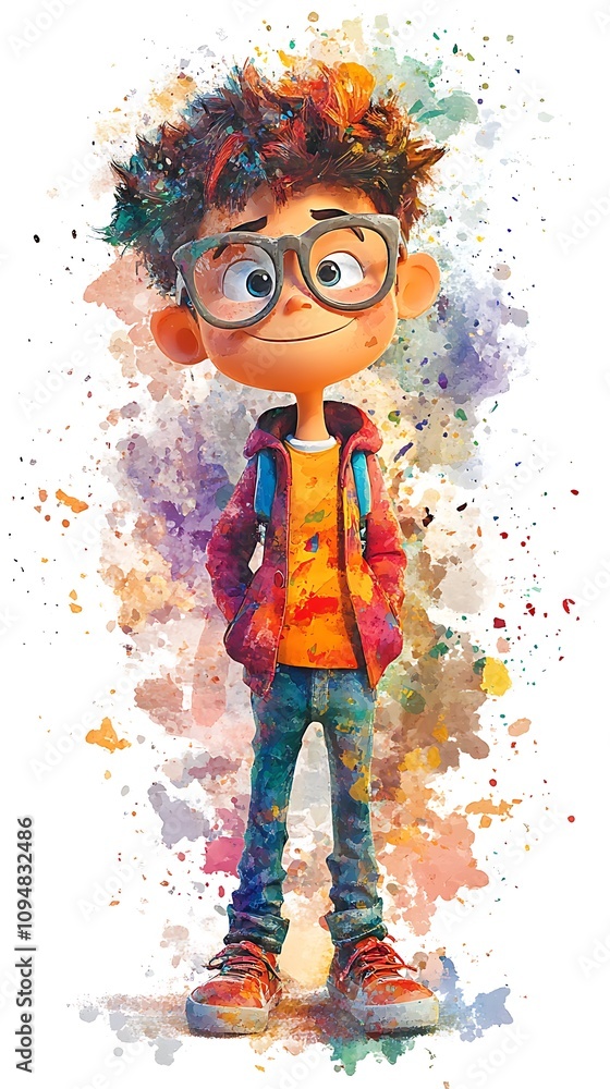 Poster animated 3d character concepts, colorful 3d animated character with watercolor effects