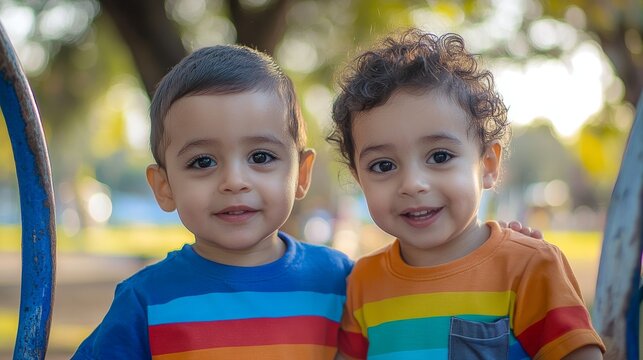 Joyful Paraguayan Twin Siblings Enjoying a Playful Day in Colorful Outfits at the Local Park Under the Warm Daylight