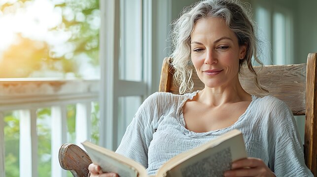 The woman is seated comfortably in a wooden chair, her legs crossed and a book open in her hands
