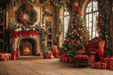 hyper realistic photo of  Christmas room with fireplace, an armchair and a Christmas tree with gifts , isolated on white background,  , copy space, copy space for text,
