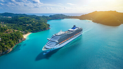 Fototapeta premium Cruise ship navigating through calm turquoise waters at sunset near lush island landscape