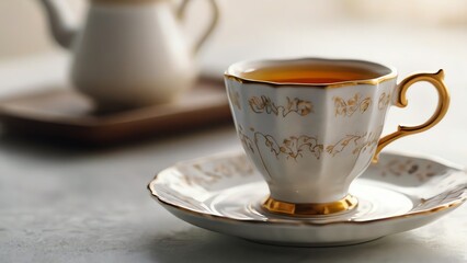 A delicate porcelain teacup, adorned with intricate gold detailing, filled with aromatic tea, exuding elegance and sophistication for upscale dining experiences