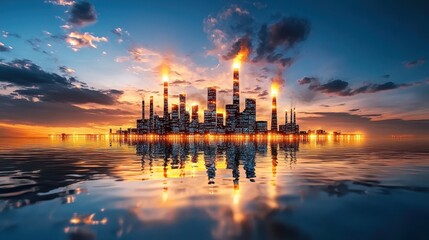 Naklejka premium Stunning Industrial Skyline at Sunset Reflecting on Water with Billowing Flames from Chimneys and Dramatic Clouds Enhancing the Scene