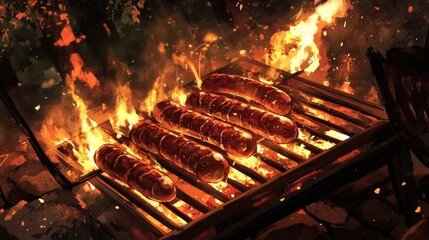 A grill filled with a variety of barbecue meats, including sausages and steaks, with flames dancing around them, creating a dynamic and appetizing scene.