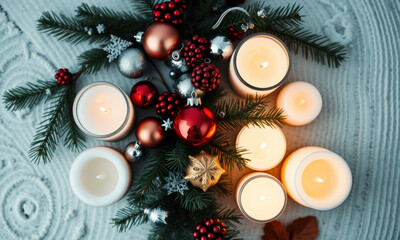 beautiful arrangement of candles, ornaments, and pine branches creates warm and festive atmosphere for Christmas celebrations. glowing lights enhance holiday spirit