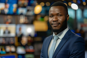 Fototapeta premium Generative AI professional male female Television Reporter in broadcast Studio with Camera