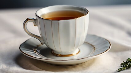 A elegantly styled porcelain teacup filled with tea, resting on a matching saucer, ideal for afternoon tea or moments of relaxation