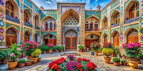 Obraz premium Architectural Beauty of Iran: A Stunning Display of Traditional Persian Architecture Framed by Vibrant Floral Arrangements and Colorful Gardens in a Unique Cultural Landscape
