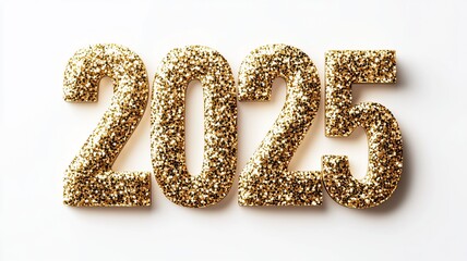 A stunning golden "2025" crafted from glitter on a white backdrop, surrounded by light glimmers, stars, and confetti, ideal for New Year invitations and decor.

