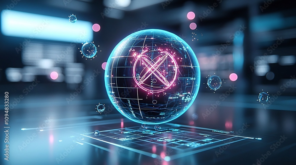 Poster Mesmerizing digital showcasing plasma energy and physics formulas represented by floating molecules sparks and vibrant neon blue and pink red tones creating a futuristic and sci fi inspired visual