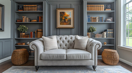 A close-up of an elegant bookcase in the living room, featuring stylish shelving and carefully arranged books and decor, capturing a sophisticated and cozy atmosphere perfect for modern interior desig