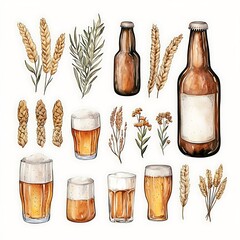 Watercolor illustration of beer bottles, glasses, wheat, and hops, perfect for brewery marketing or craft beer packaging.