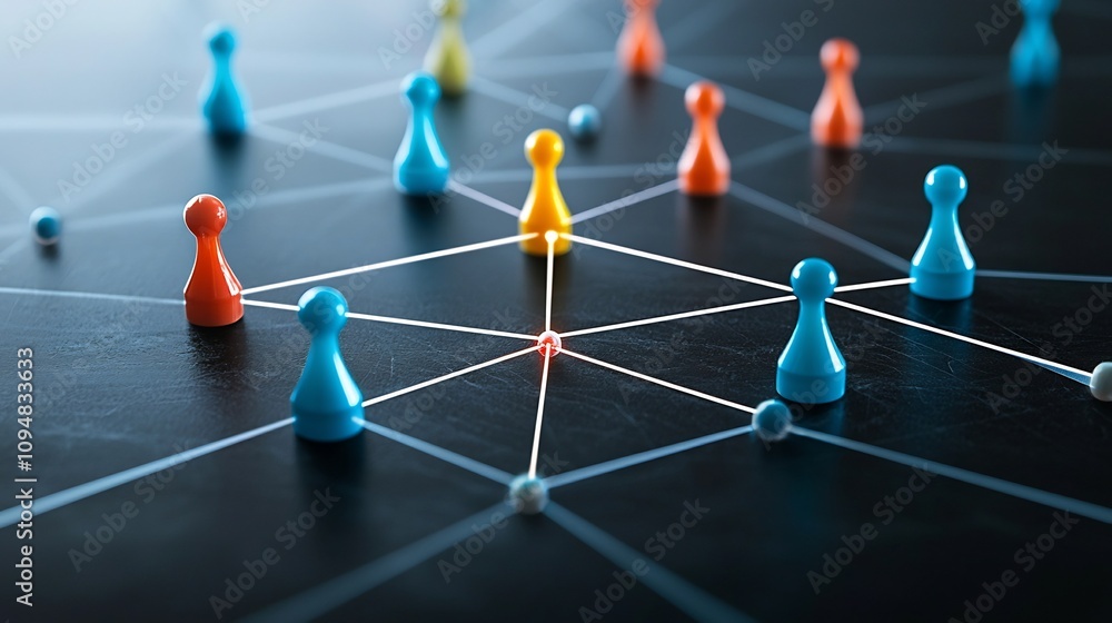 Poster futuristic neon glowing network of interconnected game pieces on a sleek black surface representing 