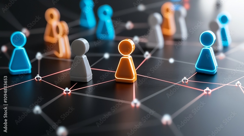 Poster Futuristic neon glowing network of interconnected game pieces on a sleek black surface representing the concept of technological innovation in a digital and abstract way