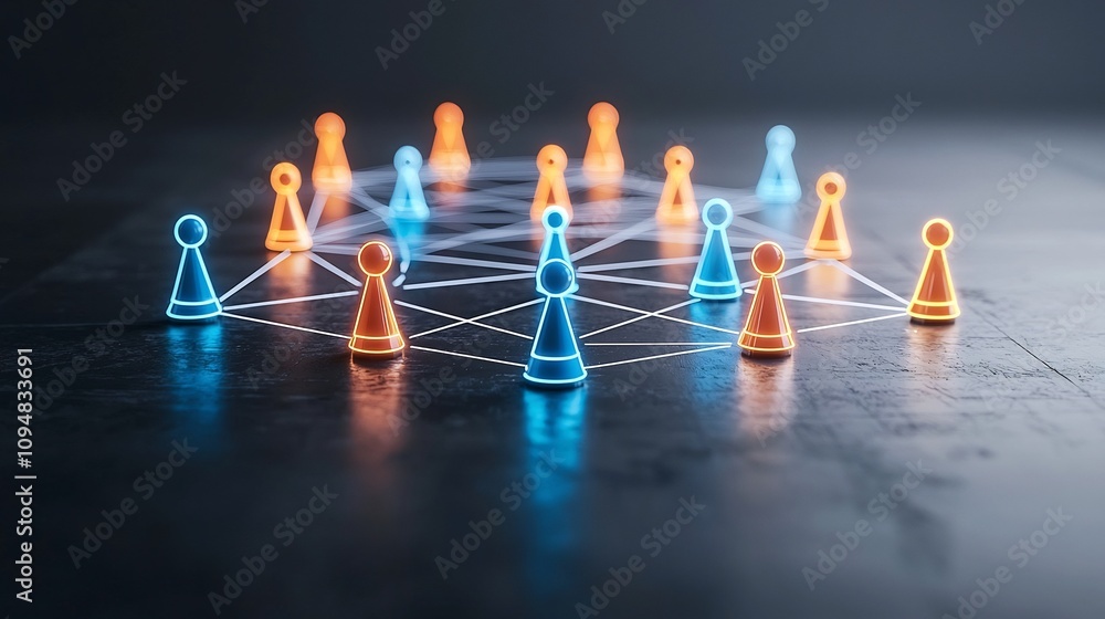 Leinwandbilder futuristic neon glowing network of interconnected game pieces on a sleek black surface representing 