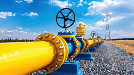 Industrial Pipeline System for Transportation of Oil and Gas with Valves and Electrical Power Lines Under Clear Blue Sky in a Rural Landscape