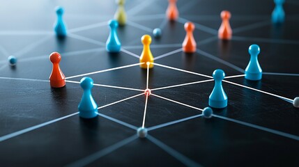 Futuristic neon glowing network of interconnected game pieces on a sleek black surface representing the concept of technological innovation