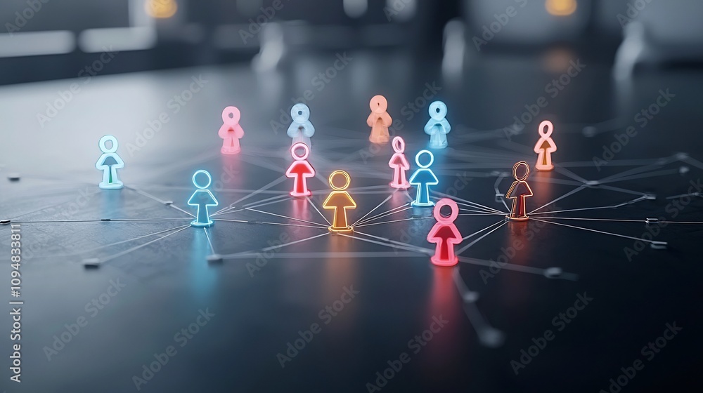 Fototapete Futuristic neon game pieces connected in a glowing web like pattern on a sleek black surface symbolizing the concept of digital networking social interaction and technological innovation