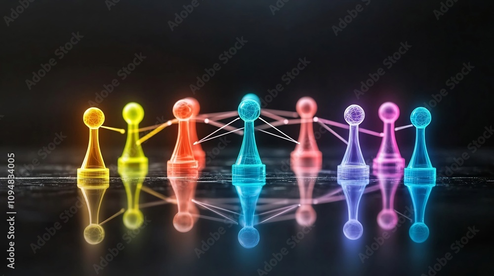 Poster Vibrant neon network of interconnected colorful game pieces with glowing lines on a reflective dark background representing a teamwork and concept