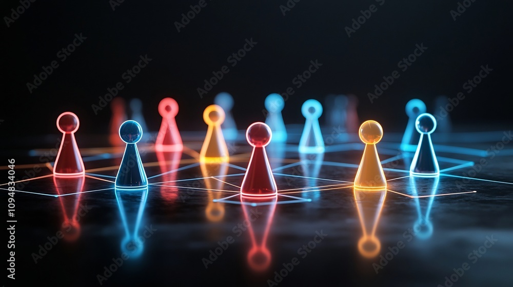 Poster Colorful neon network of interconnected game pieces with glowing lines on a reflective black surface representing a concept of digital connectivity