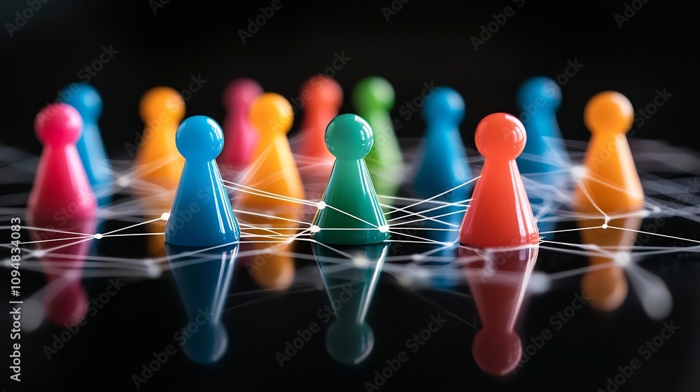 Poster Colorful interconnected neon network of game pieces with glowing lines on a reflective black surface representing a teamwork and concept in a digital futuristic environment