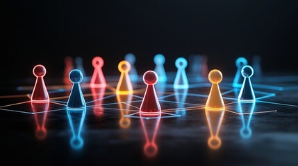 Colorful neon network of interconnected game pieces with glowing lines on a reflective black surface representing a concept of digital connectivity