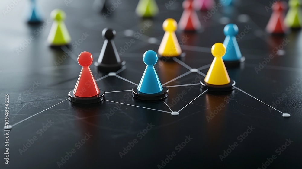 Poster Vibrant neon network of connected game pieces in various colors on a sleek black surface representing the dynamic digital social interaction and technological communication in the modern