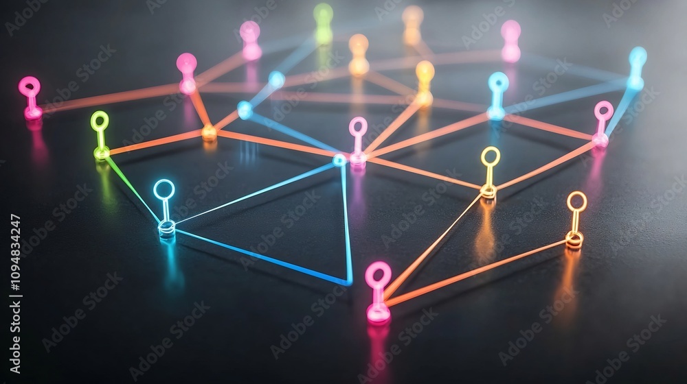 Poster Colorful neon network of interconnected game pieces with glowing lines on a reflective black surface representing a dynamic and innovative teamwork concept in the digital age