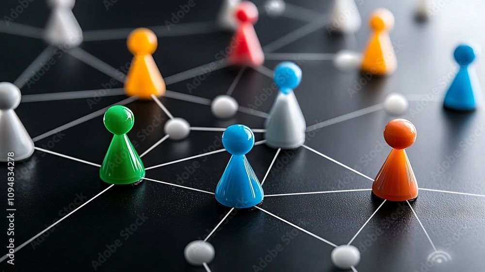 Poster Neon network of interconnected game pieces in vibrant colors on a sleek black surface representing the digital social interaction and connectivity of modern technology and intelligence