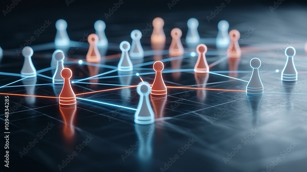 Poster Glowing neon game pieces connected by bright lines on a reflective black surface symbolizing network building in a modern innovative and dynamic digital concept