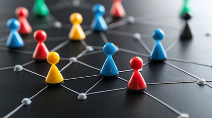 Neon colored network of interconnected game pieces in vibrant shades against a sleek black backdrop representing the digital world of social interaction and technological innovation
