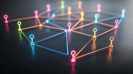 Colorful neon network of interconnected game pieces with glowing lines on a reflective black surface representing a dynamic and innovative teamwork concept in the digital age