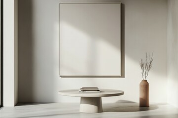 A photo of a large white picture frame hanging on an empty wall. 
