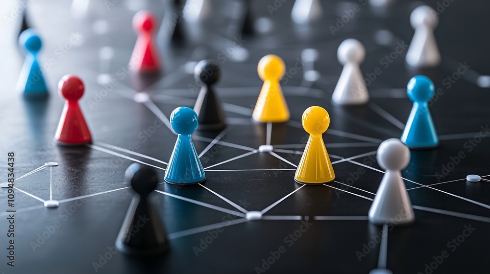 Poster Neon Colored Network of Interconnected Game Pieces Symbolizing Digital Social Interaction and Technology on a Sleek Black Background