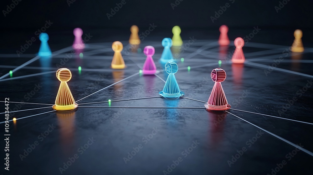 Poster Futuristic digital concept featuring a neon network with colorful game pieces connected by luminous glowing lines on a dark glossy background