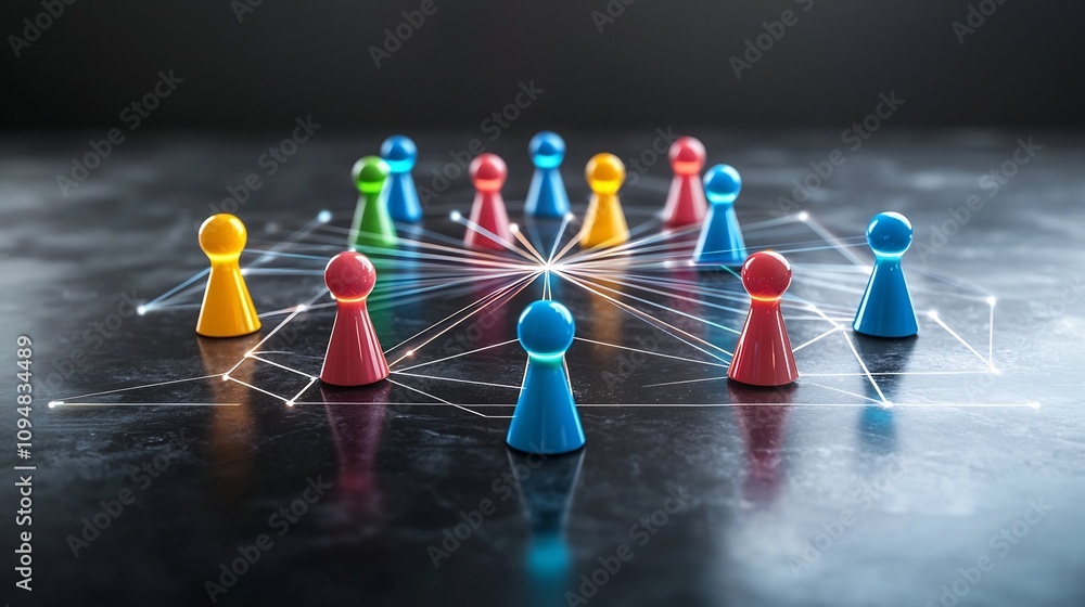 Poster Futuristic concept of a neon network with colorful game pieces connected by glowing lines on a dark glossy background