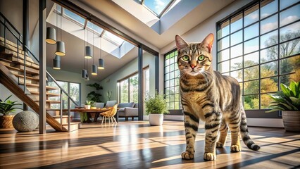 Obraz premium Architectural Photography of a Tabby European Shorthair Cat Gracefully Entering a Modern Room with Stylish Decor and Natural Light Streaming Through Large Windows