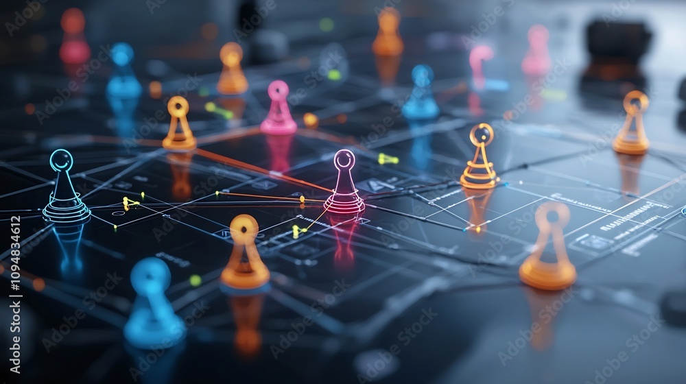Poster Vibrant neon game piece network with glowing connectivity lines on a reflective surface representing the concept of high tech digital interconnectivity and futuristic technology